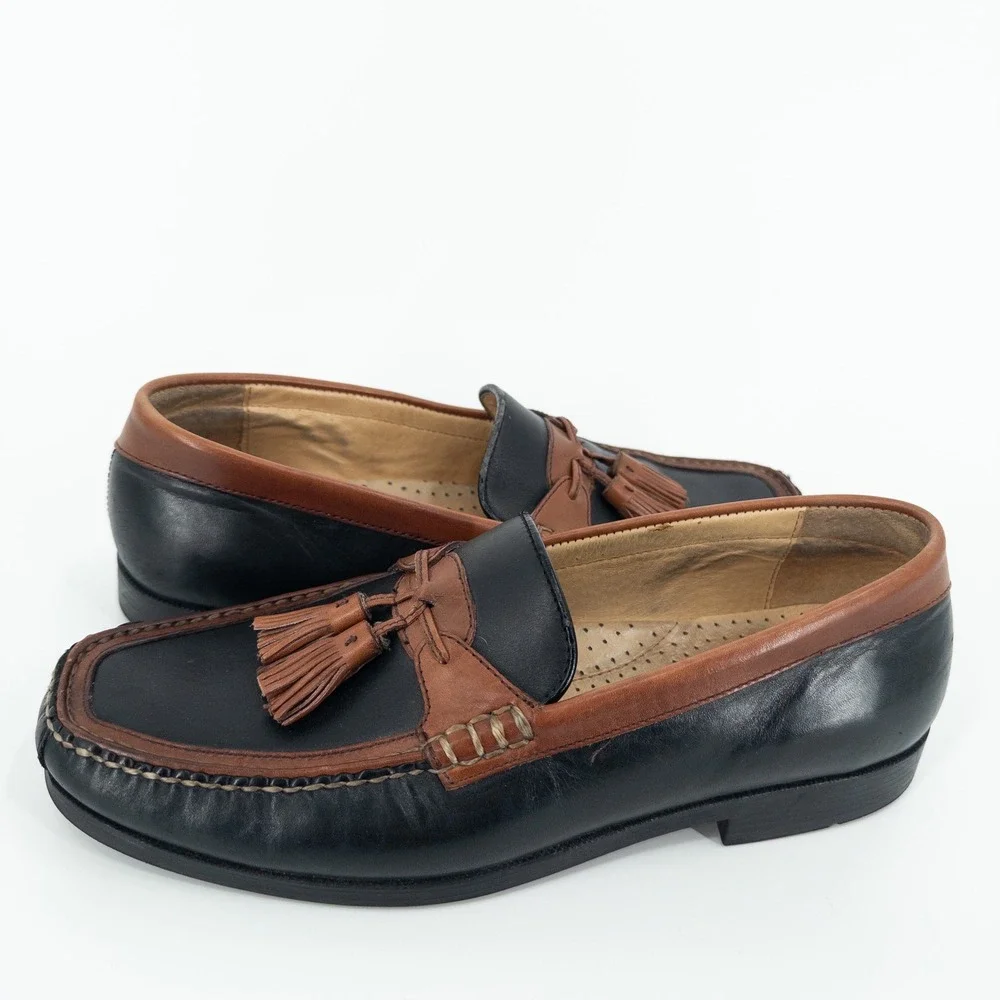 San‎ Remo Italy Alex Two-Tone Tassel Loafers Mens 10M Black Brown Leather Slip